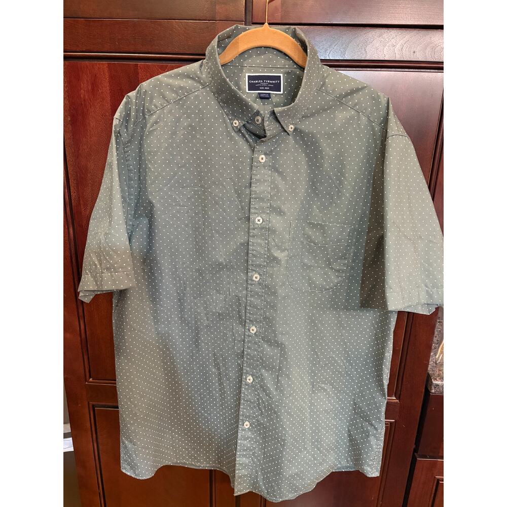 Charles Tyrwitt Mens Short Sleeve Button Down Gray Green w/Polka Dots Size XL